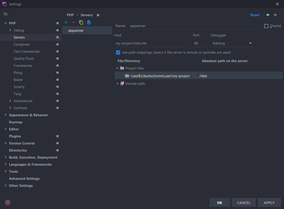 phpstorm project settings